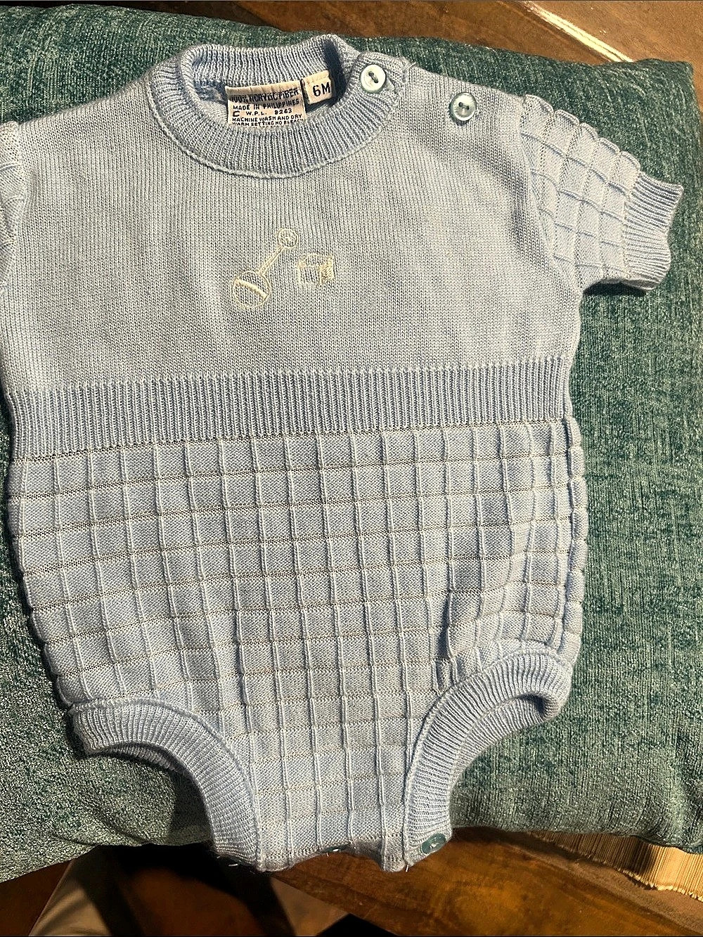 Kicoll Baby Blue Checkered Knit Bodysuit Size 6M Like New vintage